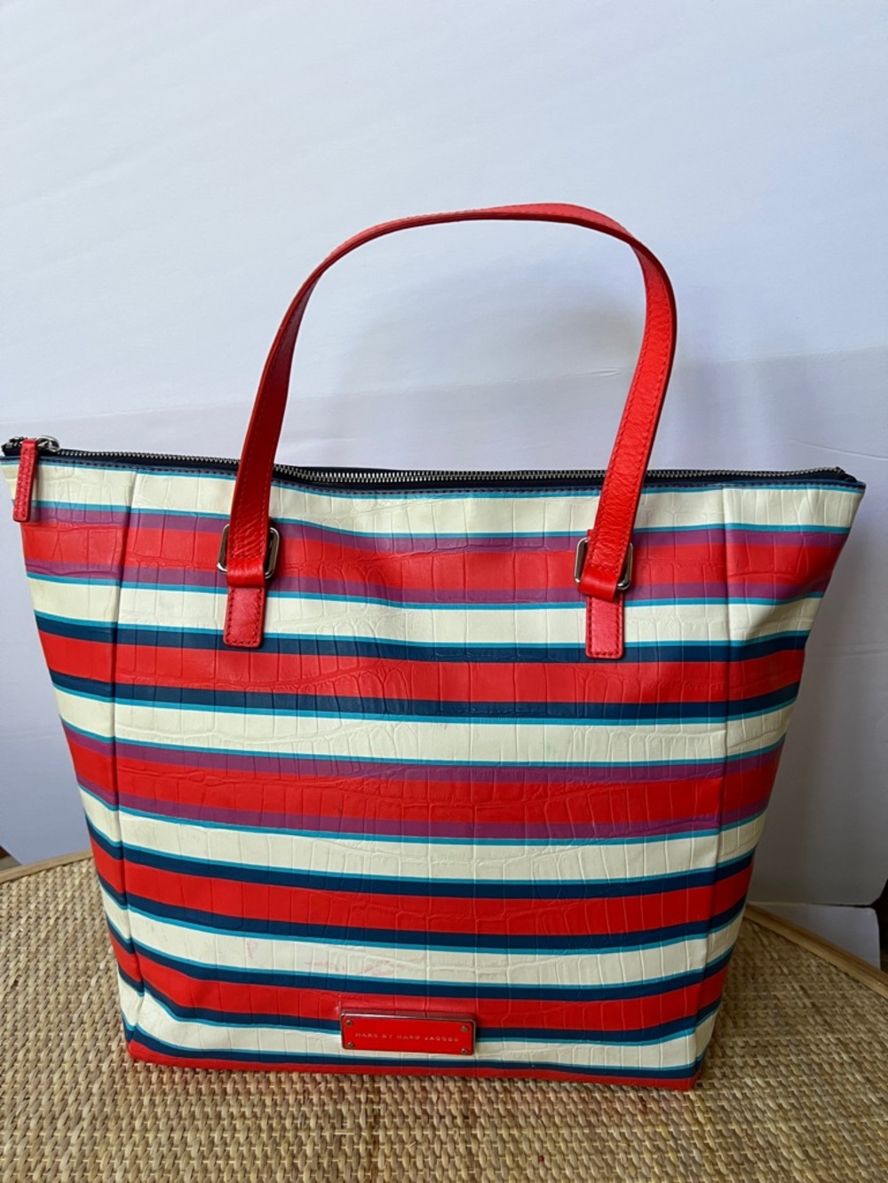 Marc by Marc Jacobs Take Me Jacobson Coral Red Striped PVC/Leather Tote Bag
